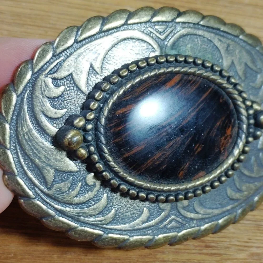 Vintage Belt Buckle Tiger Eye Scrollwork Metal Western
